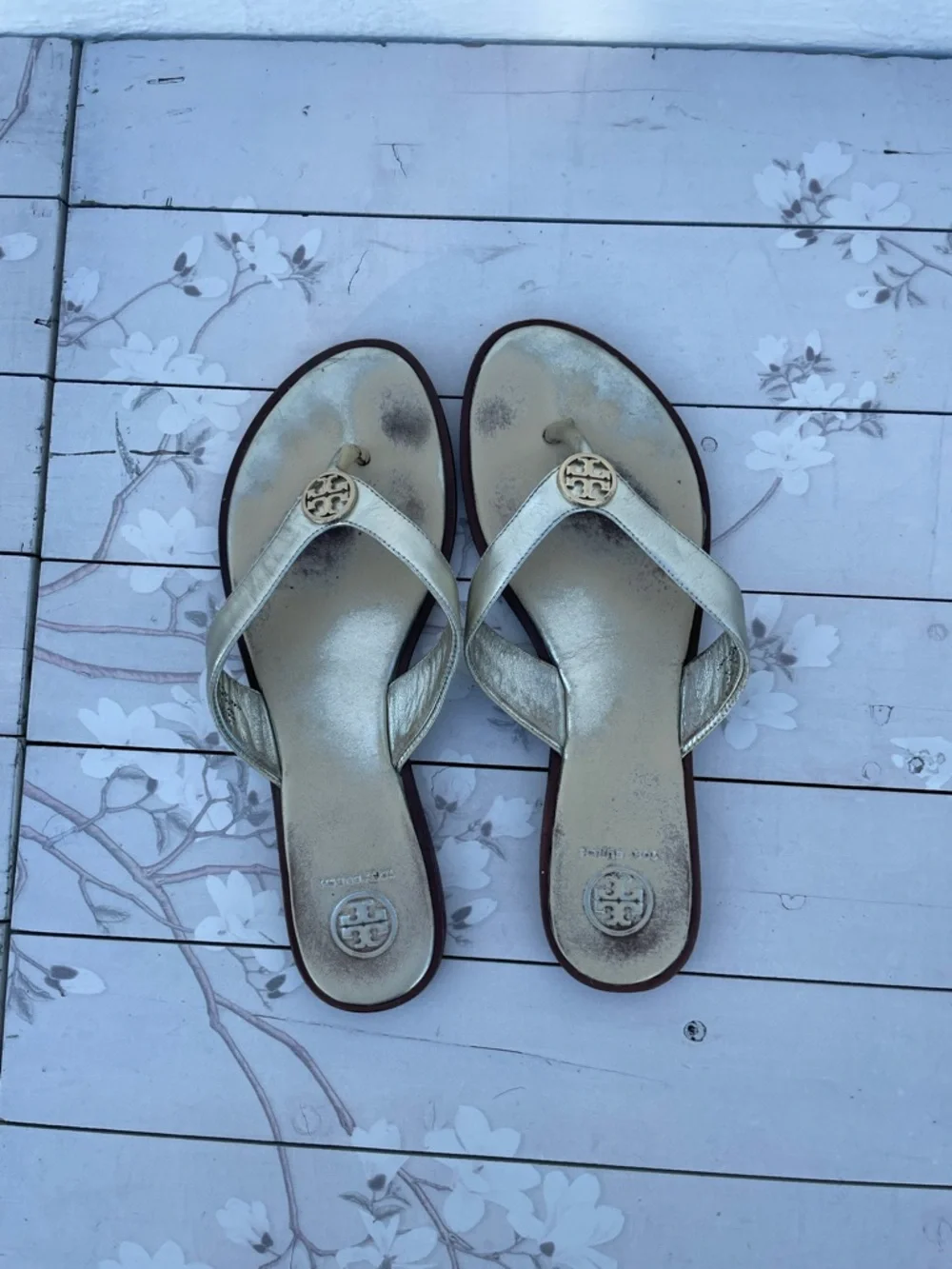 Tory Burch Metallic Gold Thong Sandals with Logo Medallion